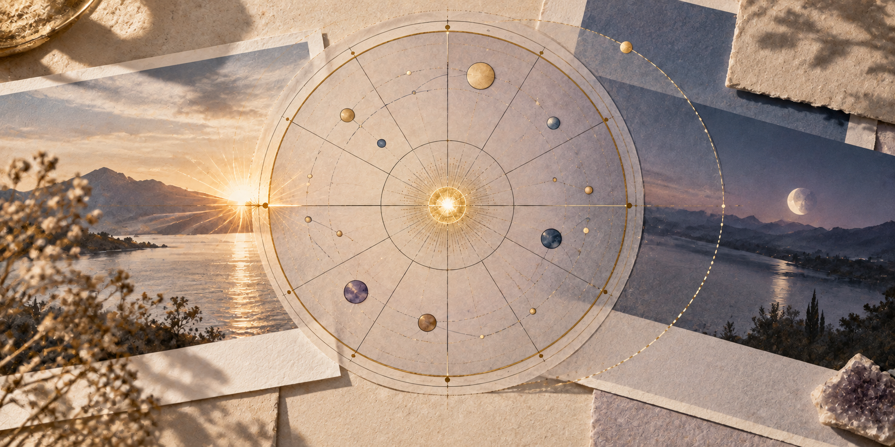 Collage eines Horoskoprads zwischen Sonnenaufgang und Abendlicht.