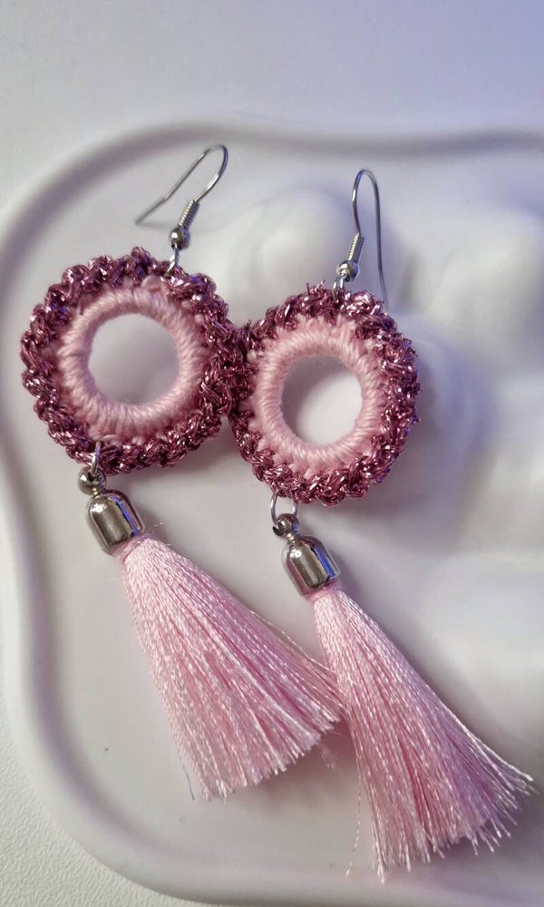 Blush Waves – Pink Crochet Hoop Earrings with Soft Tassels  Description: