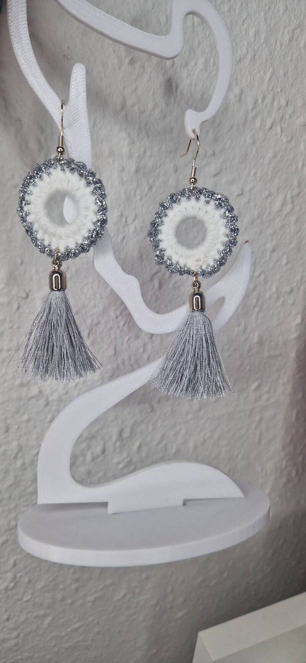 Elara – White & Silver Hoop Earrings with Shimmering Tassels