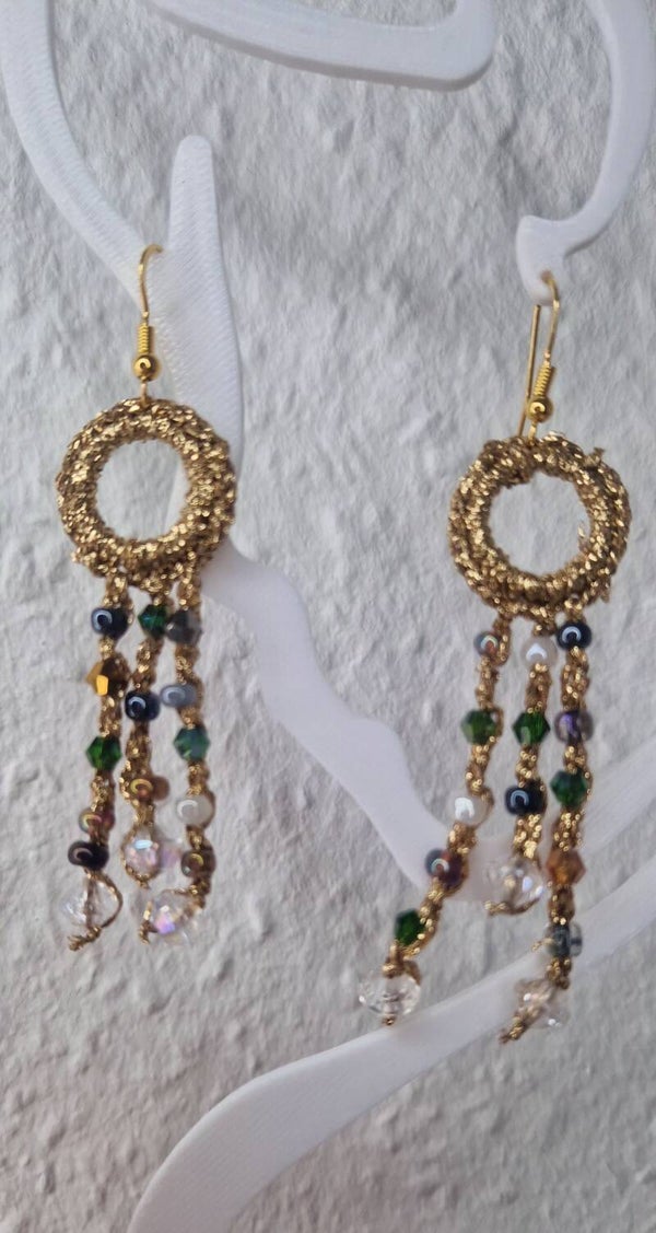 Ramona Gold Crochet Hoop Earrings with Multicolor Stone Strands