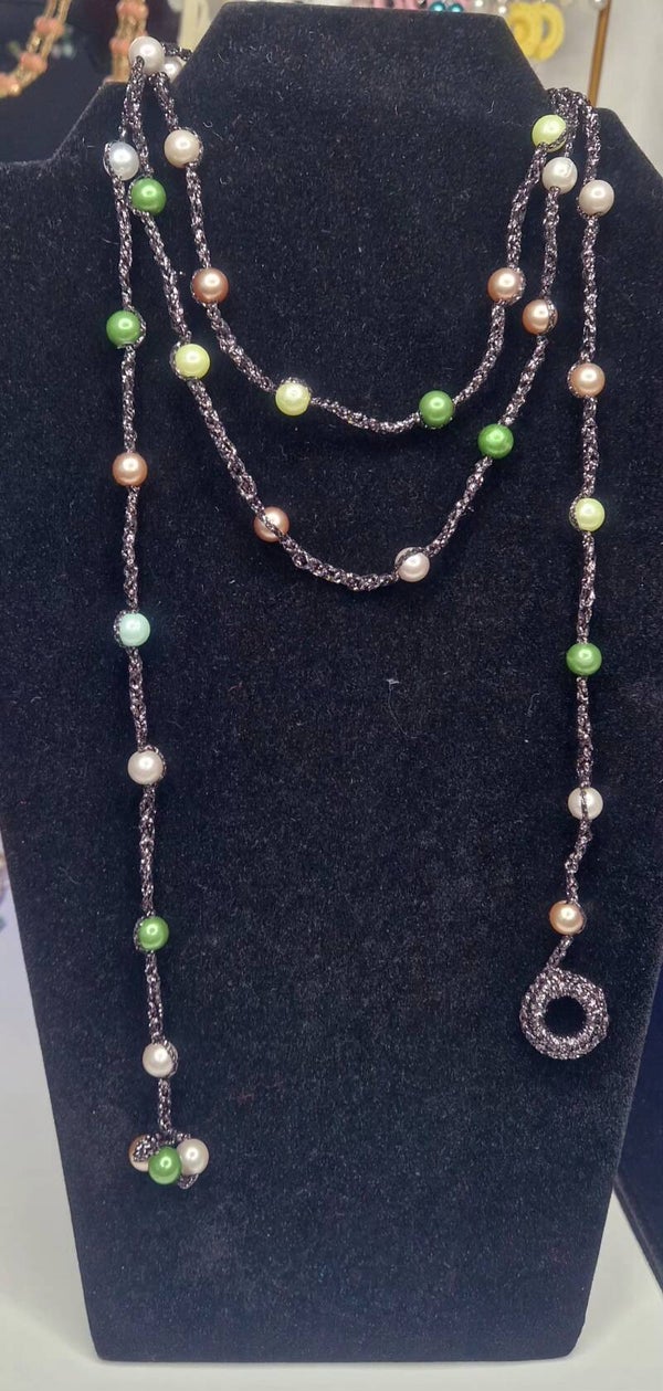 Raella Iridescent Noir Statement Necklace with Green & White Stones