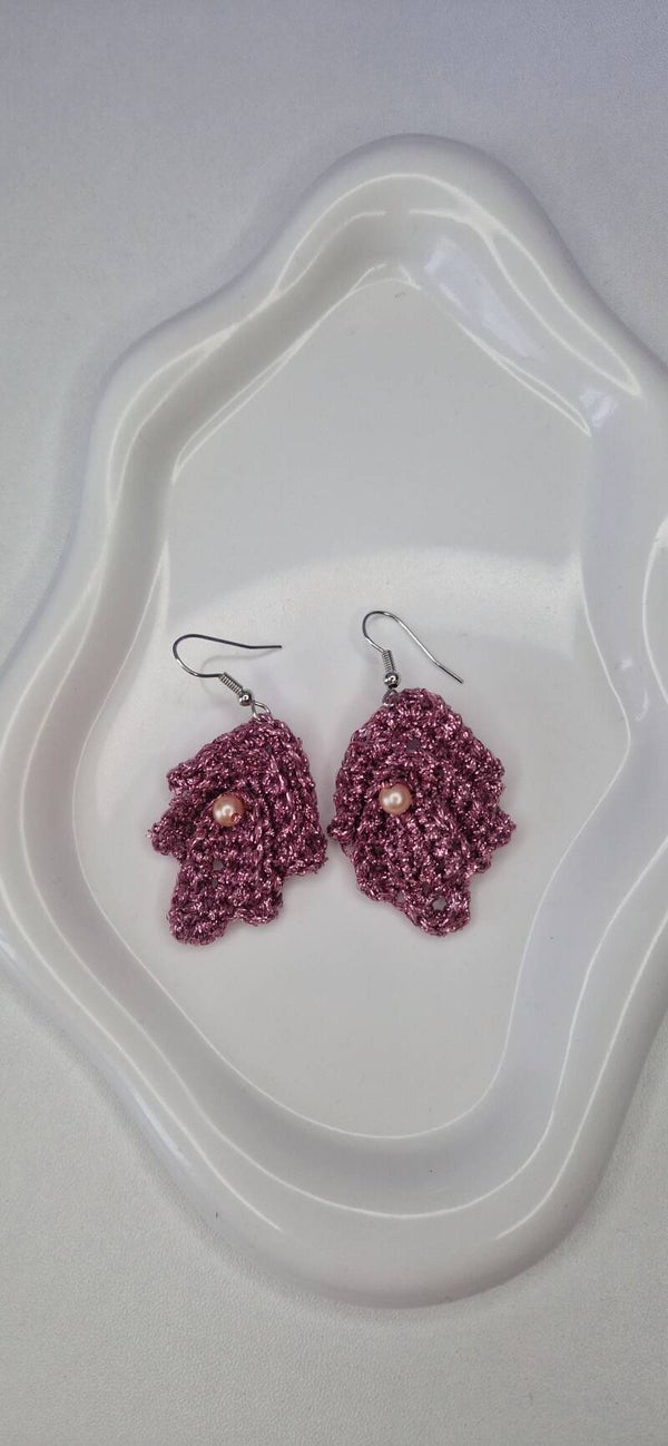 Pink-Lilac Leaf Earrings with Pearl Accent – Delicate Handmade Statement