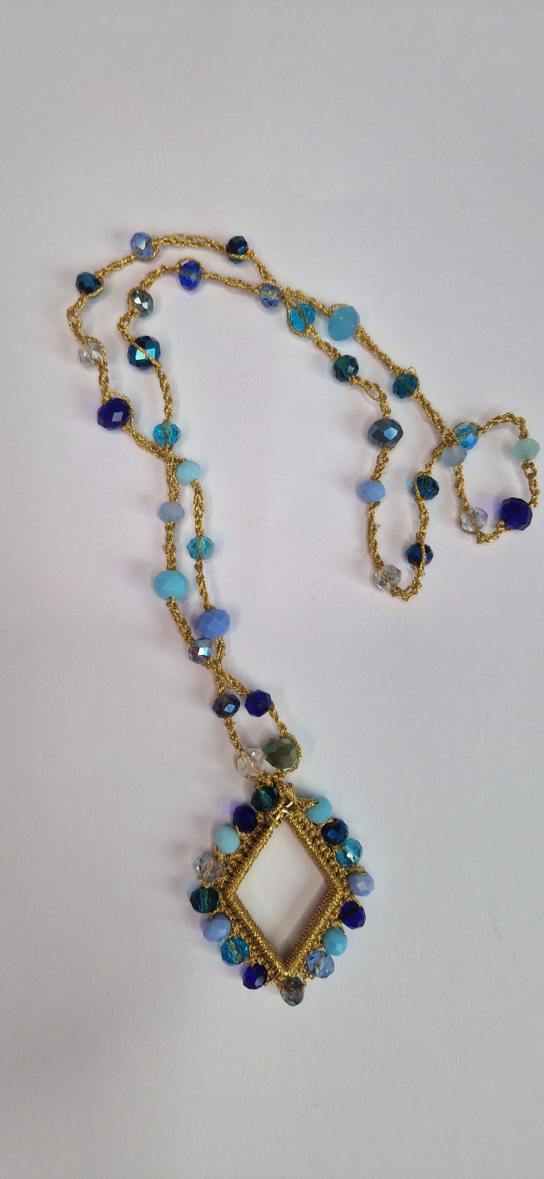 Golden Diamond Pendant Necklace with Blue, Grey & White Crystal Accents