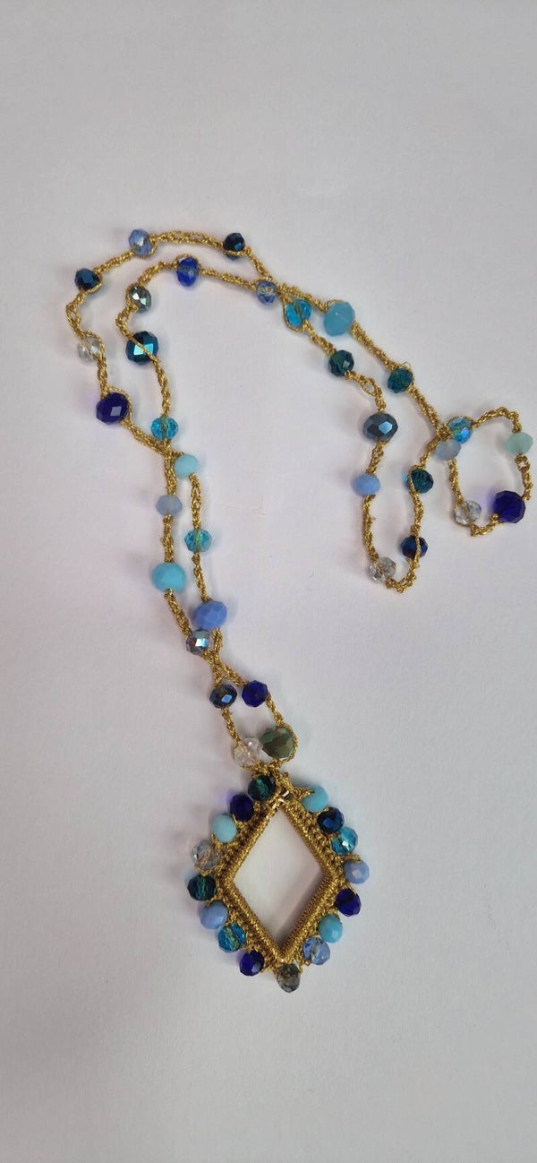 Golden Diamond Pendant Necklace with Blue, Grey & White Crystal Accents