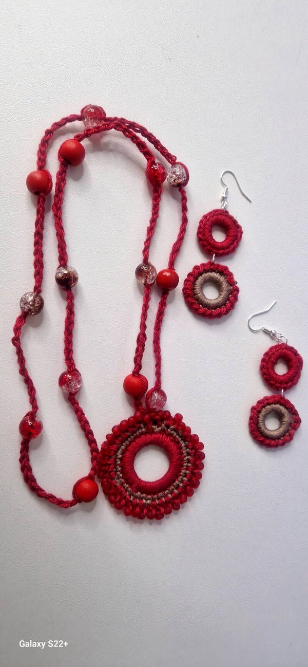 Boho Schmuckset Rot-Braun – Handgemachte Halskette & Ohrringe.  Handmade Red & Brown Boho Jewelry Set – Necklace and Matching Earrings