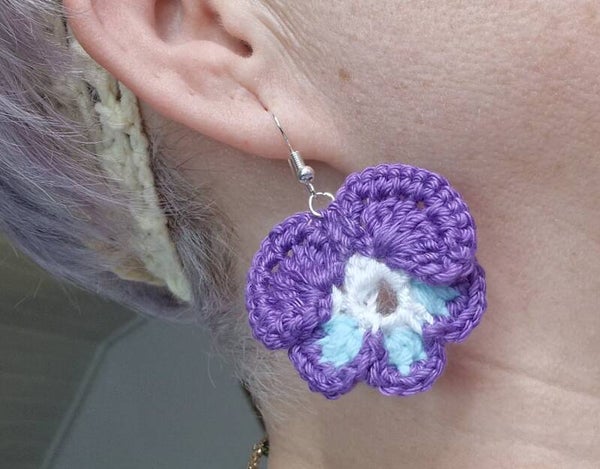 Silvia Handmade Pansy Flower Earrings – Unique Crochet Floral Jewelry