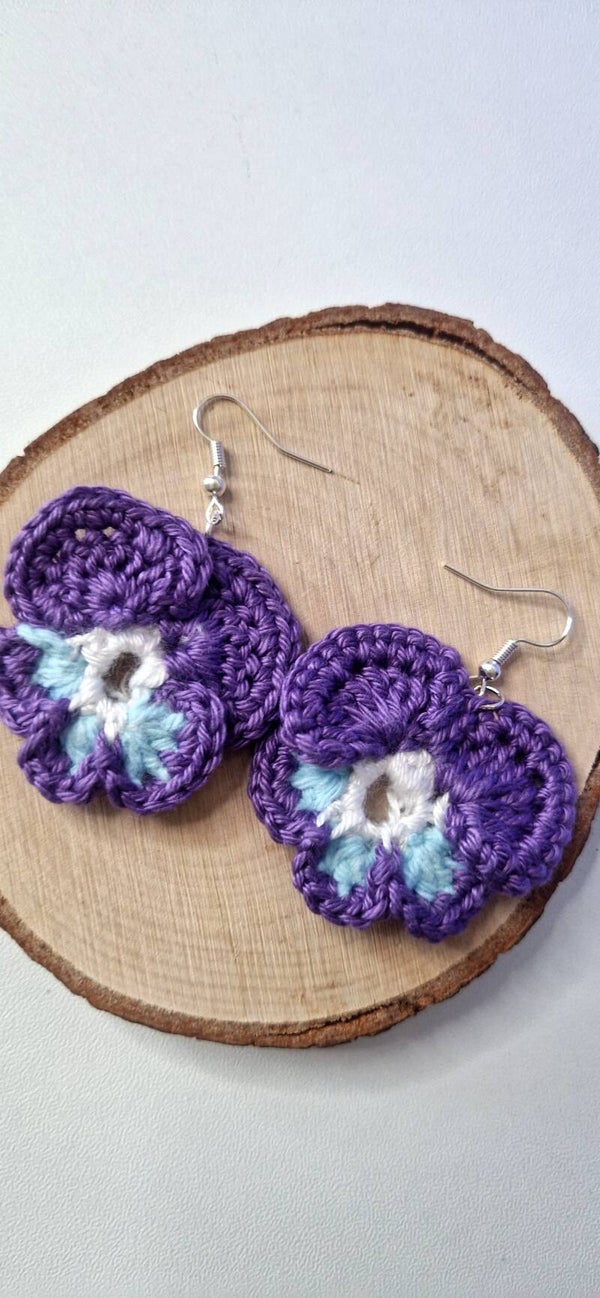 Silvia Handmade Pansy Flower Earrings – Unique Crochet Floral Jewelry
