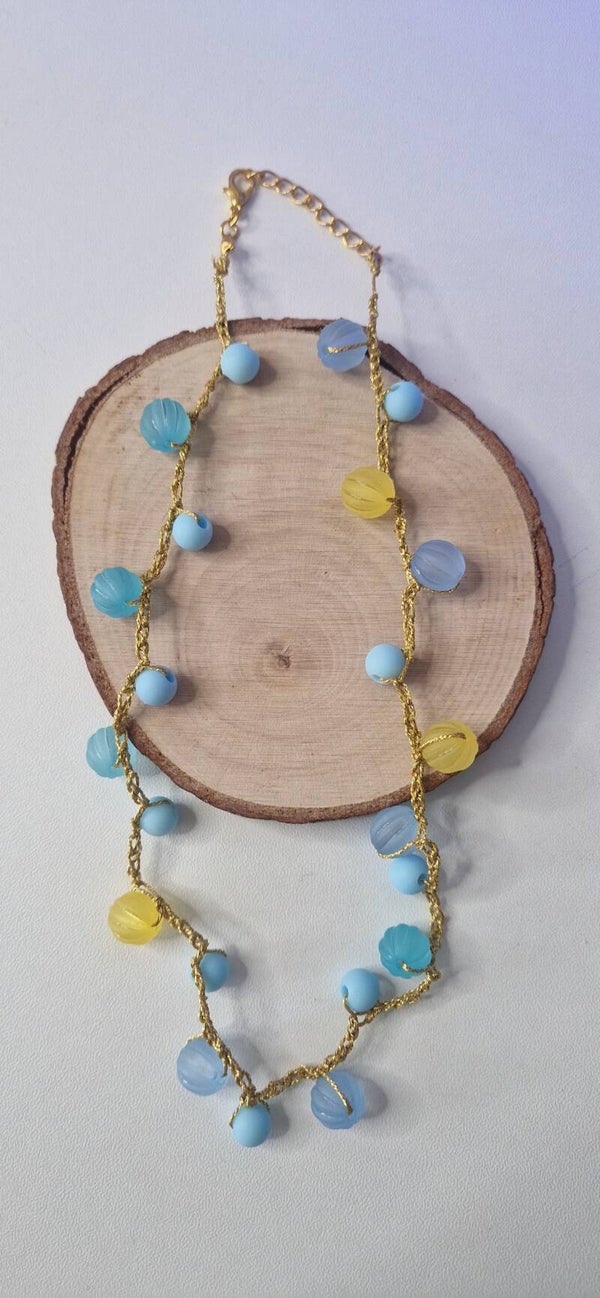 Sommerglanz     Golden Breeze – Handmade Crochet Necklace with Silver Thread, Yellow & Blue Beads