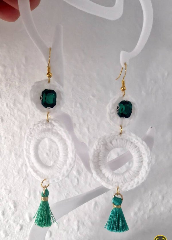 Emerald Grace – White Hoop Earrings with Green Stone & Tassel Drops