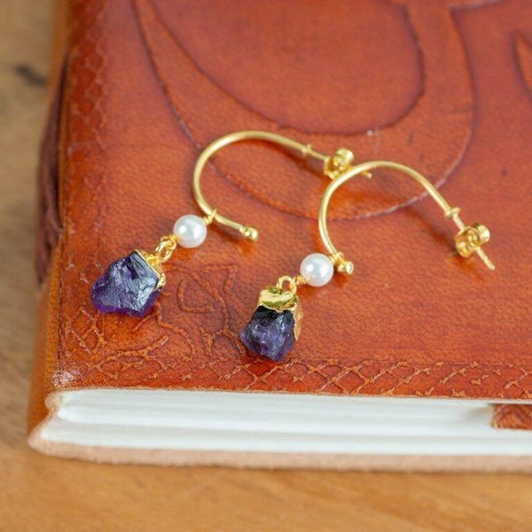 Edelsteen Oorhangers Parel en Amethist 925 Zilver Goudkleurig (45 mm)