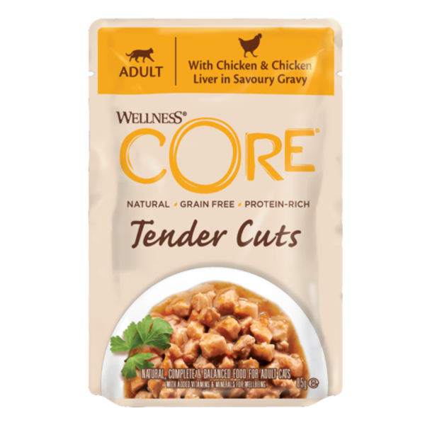 Wellness CORE Tender Cuts, kip en kippenlever in een hartige jus - 85g