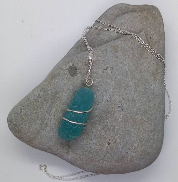 Aqua Seaglass Wrapped Pendant