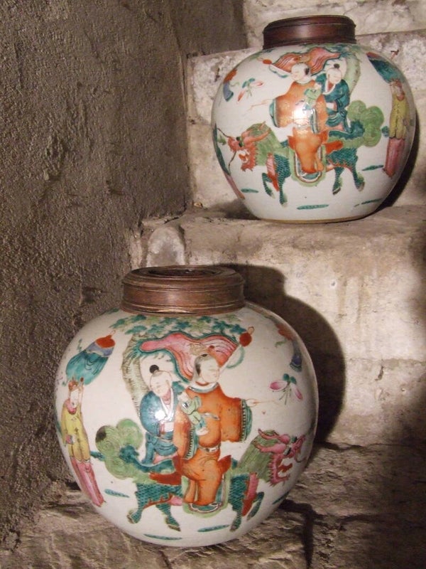 Chinese Porcelain Transition Period/ Early Qing Dynasty Lidded Pair of Ovoid Enamelled Jars