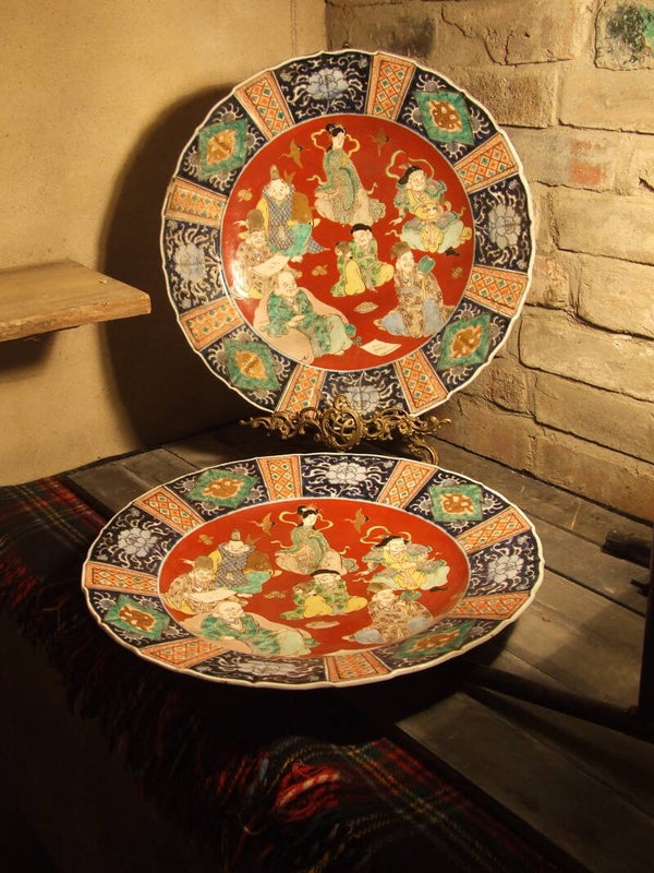 Pair of Japanese Porcelain Awaji Enamelled Chargers Meiji Period