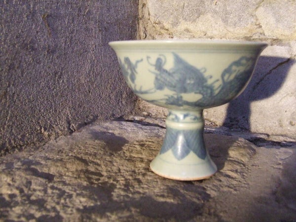 Ming Dynasty Style Jiajing Imperial Signed Chinese Porcelain Dragon & Phoenix Stem Bowl