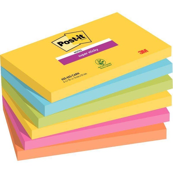 Paquet de 6 blocs de 90 feuilles Super Sticky post-it, 76 x 127 mm, couleurs CARNIVAL