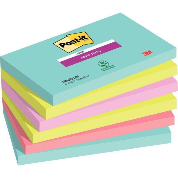 Paquet de 6 blocs de 90 feuilles Super Sticky post-it, 76 x 127 mm, couleurs Miami