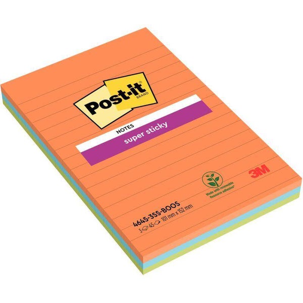 Paquet de 3 blocs Notes Super Sticky de 45 feuilles lignées, format 101 x 152 mm