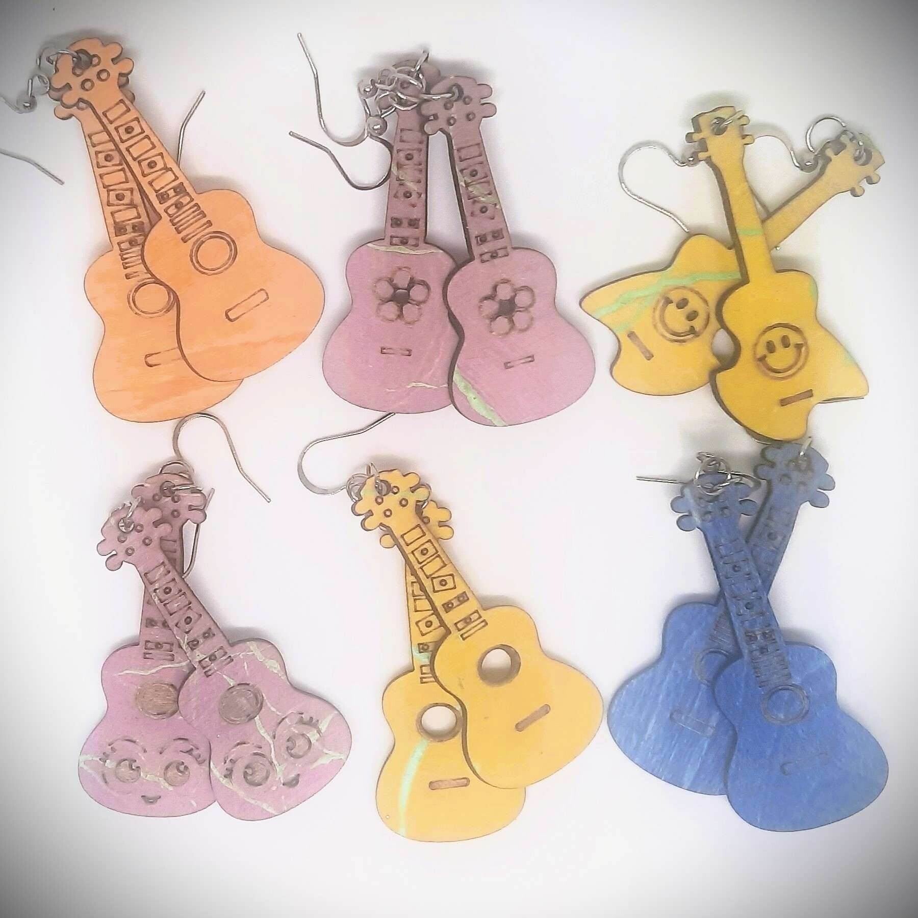 Festival Special - Ukulele Earrings and lapel pins handcrafted and painted in bright colours.