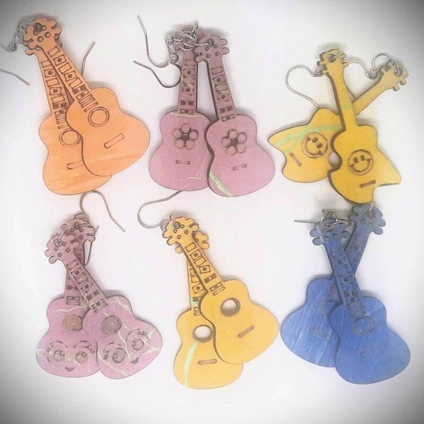 Festival Special - Ukulele Earrings and lapel pins handcrafted and painted in bright colours.