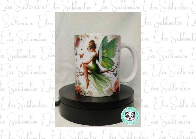 Mug fée verte poétique assise sur une branche, impression sublimation haute qualité – Eden Sublimation Vosges