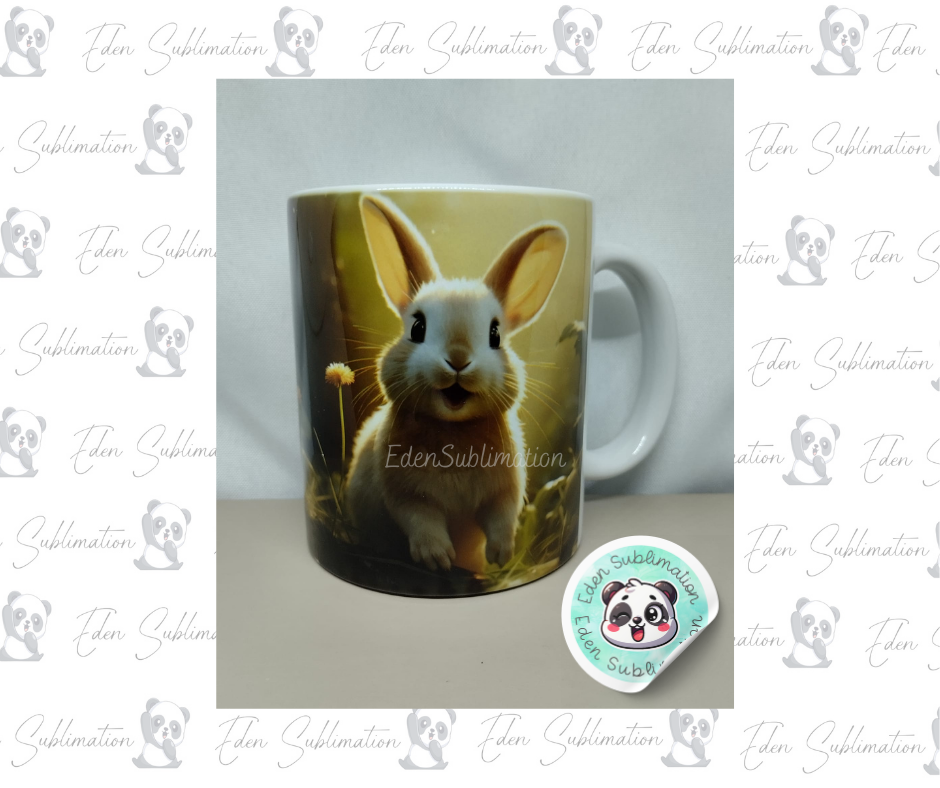 Mug en céramique illustré d’un lapin lumineux dans une ambiance naturelle et douce – Eden Sublimation