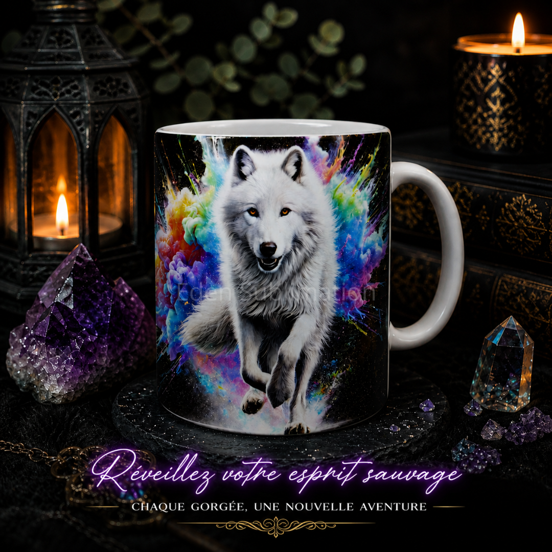 Mug fantasy avec illustration d’un loup blanc mystique sur fond coloré et magique, création Eden Sublimation-Charmes-Vosges.