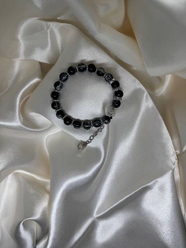 Schwarzes Perlenarmband mit silberner Verlängerungskette ✨6614