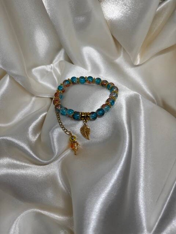 Türkis-Orangefarbenes Perlenarmband mit Blatt-Anhänger 🍃✨6638