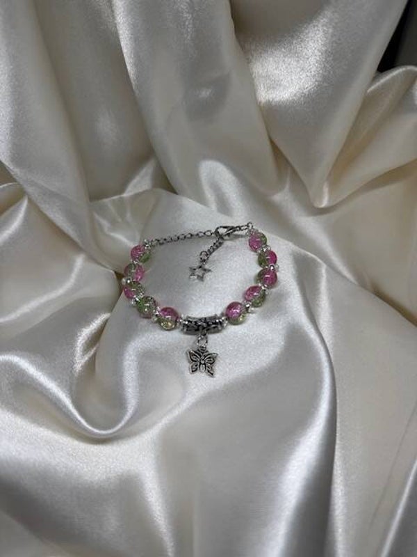Rosa-Grünes Perlenarmband mit Schmetterlings-Anhänger 🦋✨6647