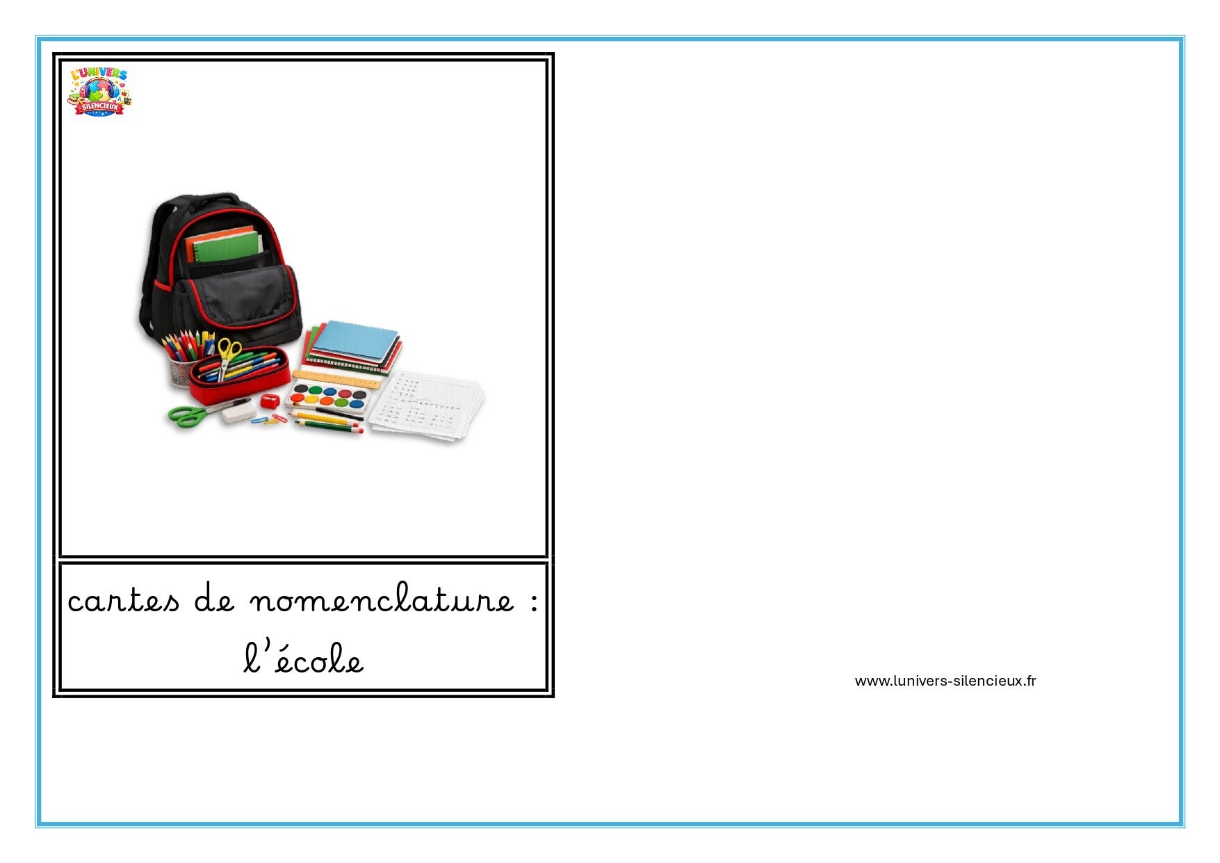 cartes de nomenclature l'école en cursif