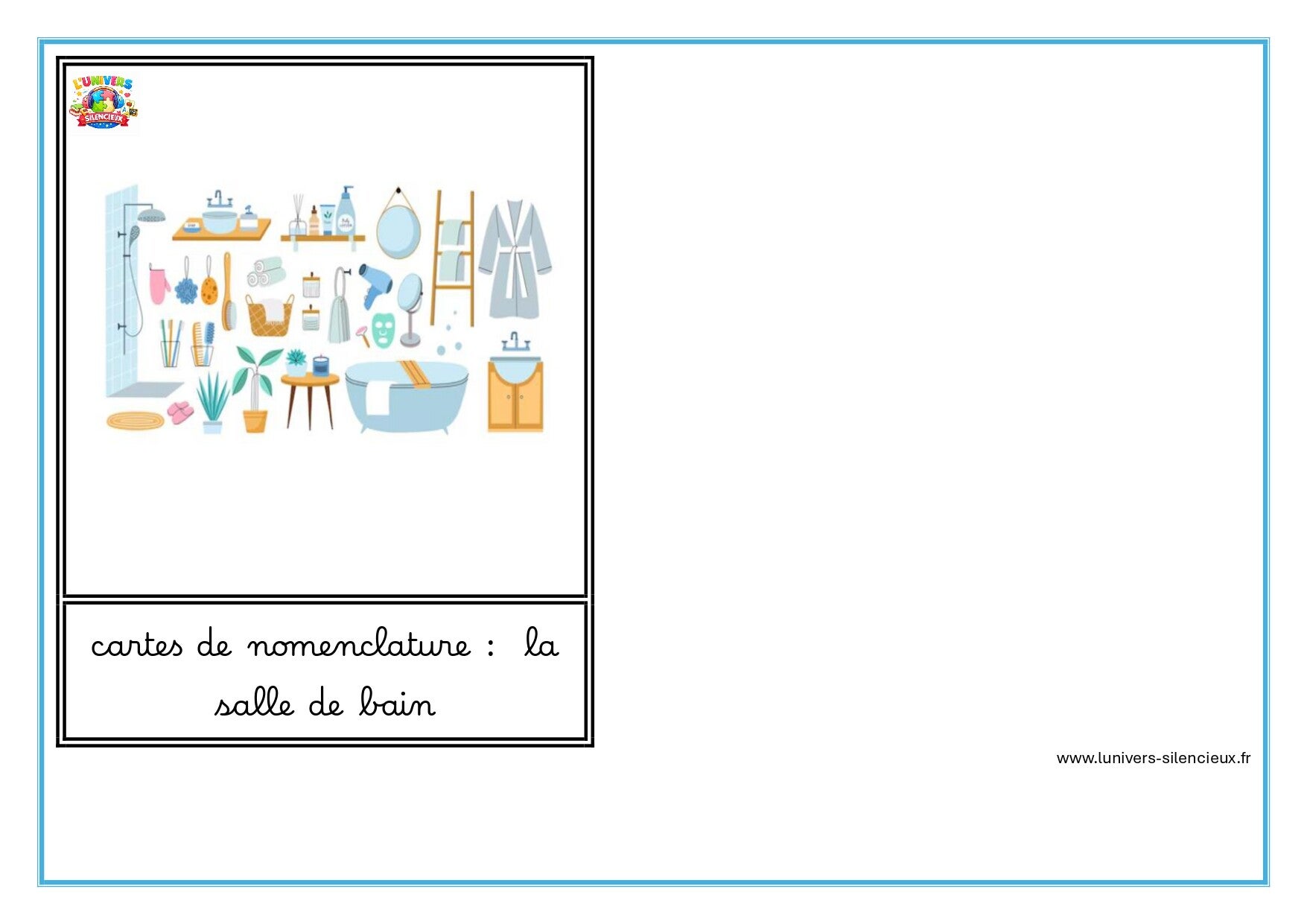 cartes de nomenclature sur le thème de la salle de bain en cursif