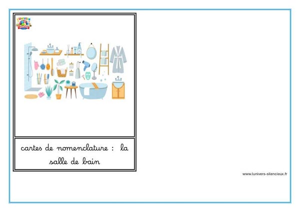 cartes de nomenclature sur le thème de la salle de bain en cursif