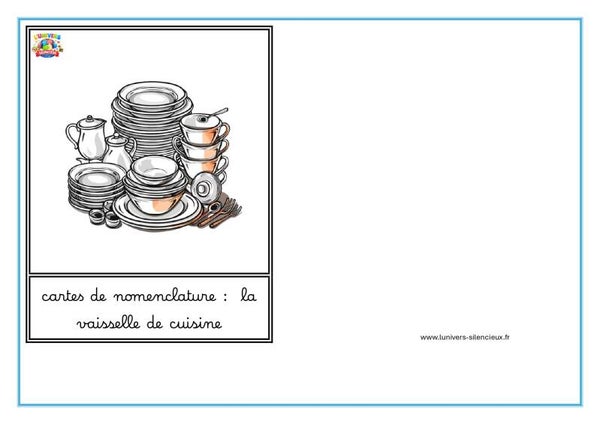 Cartes de nomenclature la vaisselle de cuisine en cursif