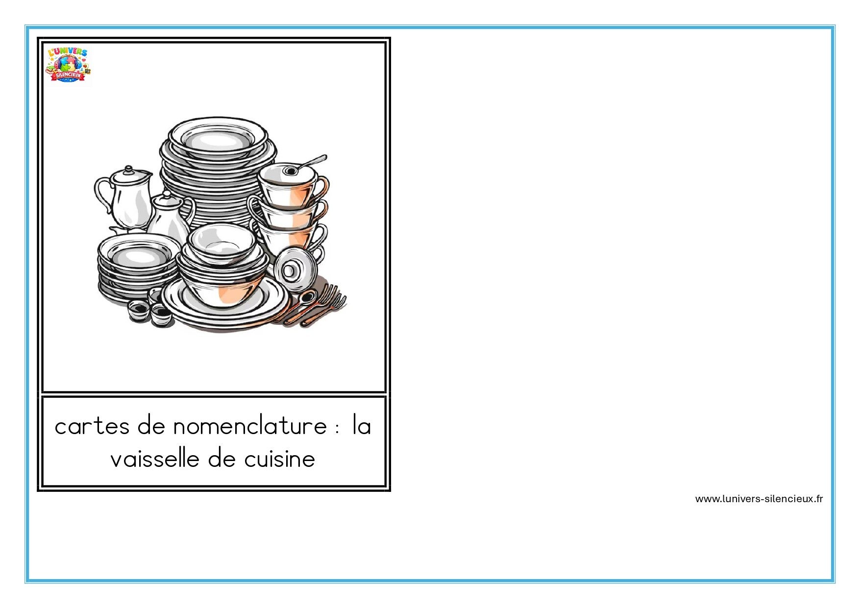 cartes de nomenclature la vaisselle de cuisine en script