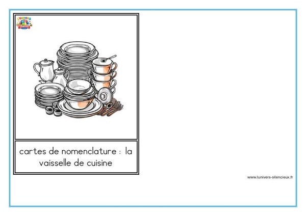 cartes de nomenclature la vaisselle de cuisine en script