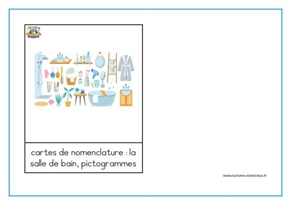 cartes de nomenclature et pictogrammes sur le thème de la salle de bain