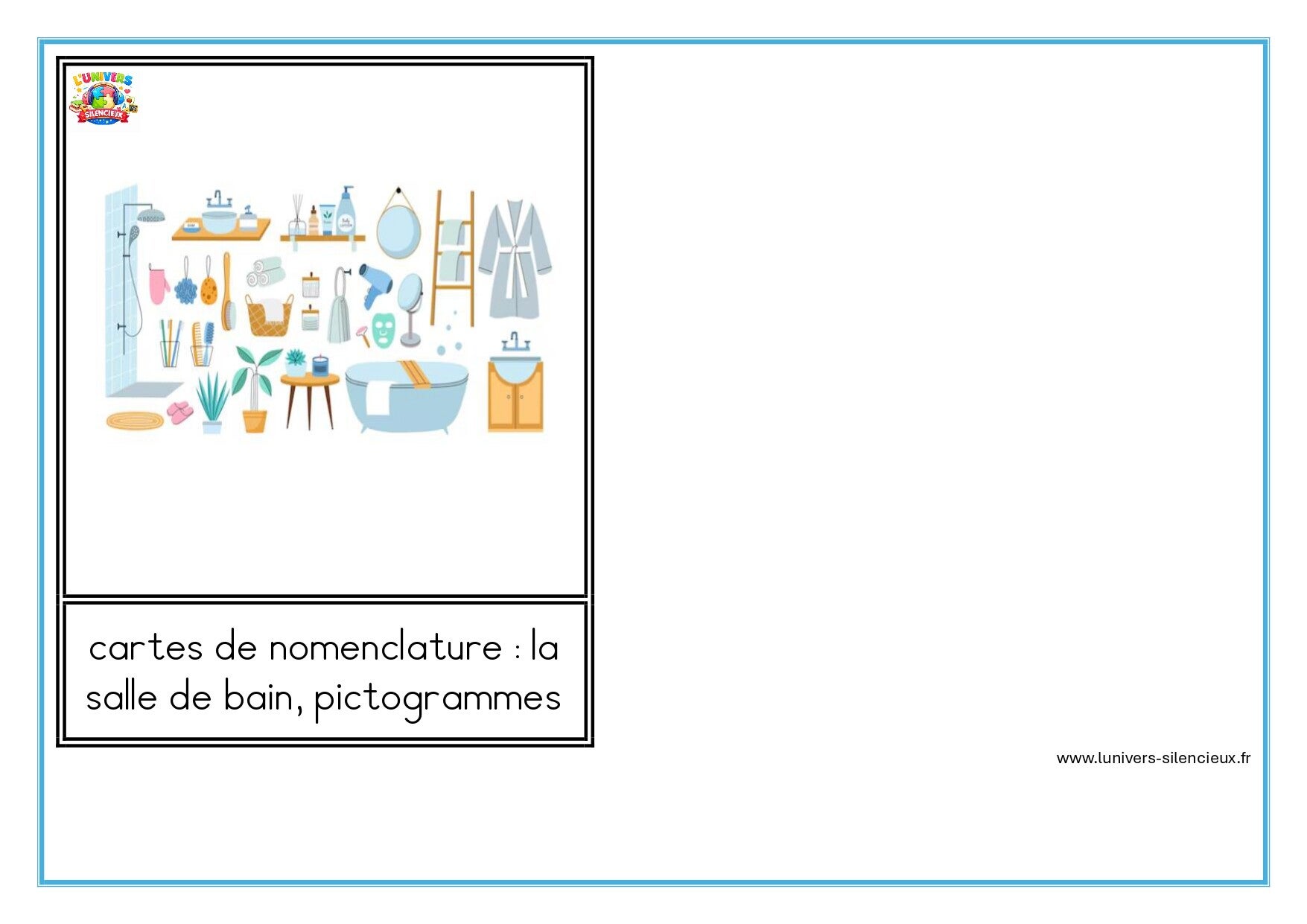 Cartes de nomenclature sur le thème de la salle de bain avec pictogrammes