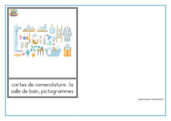 Cartes de nomenclature sur le thème de la salle de bain avec pictogrammes