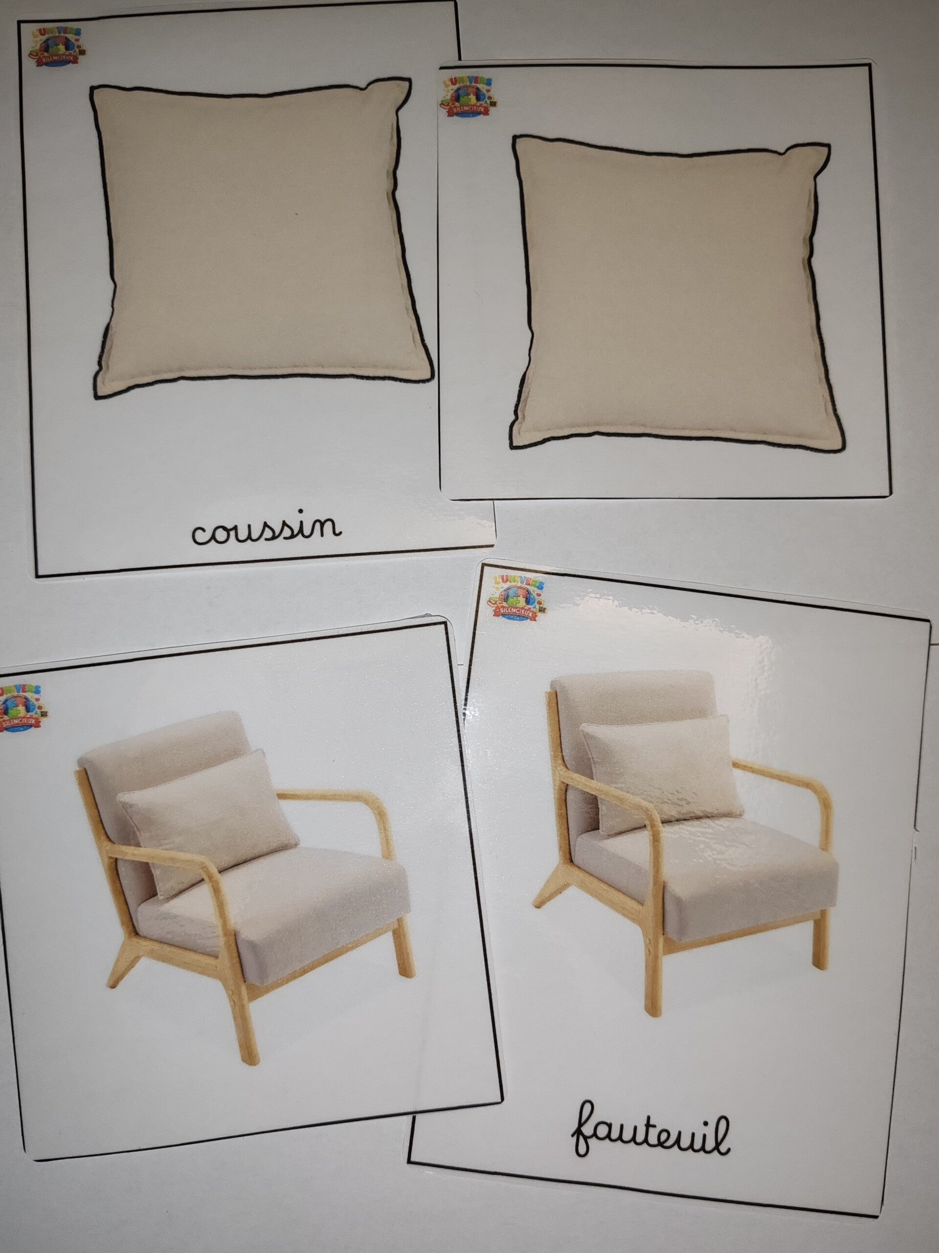 cartes de nomenclature les objets du salon en cursif