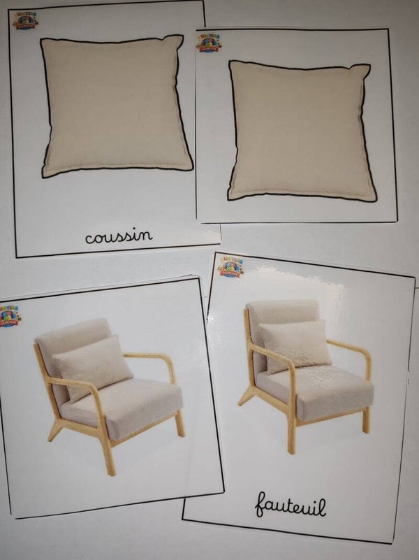 cartes de nomenclature les objets du salon en cursif