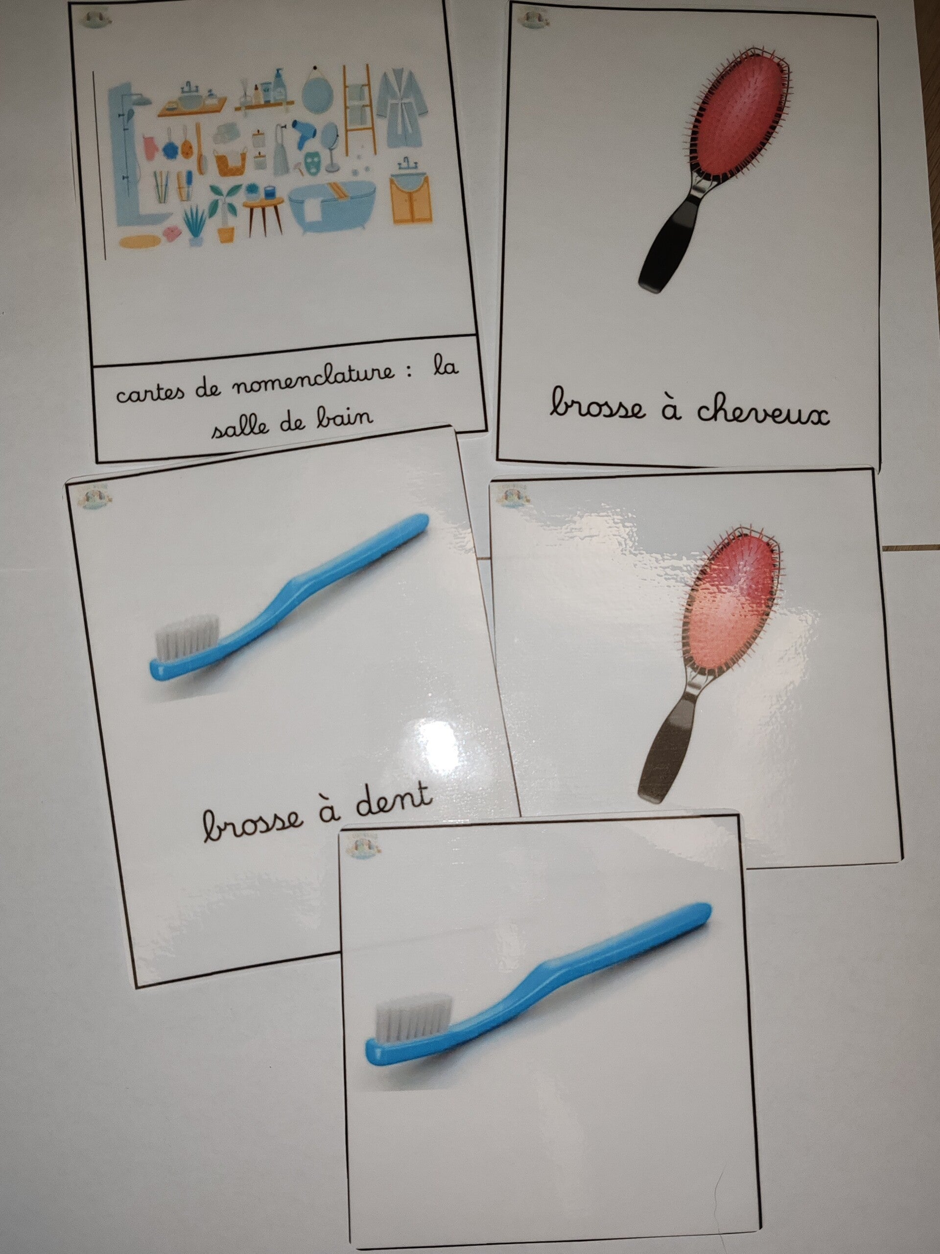 cartes de nomenclature la salle de bain en cursif