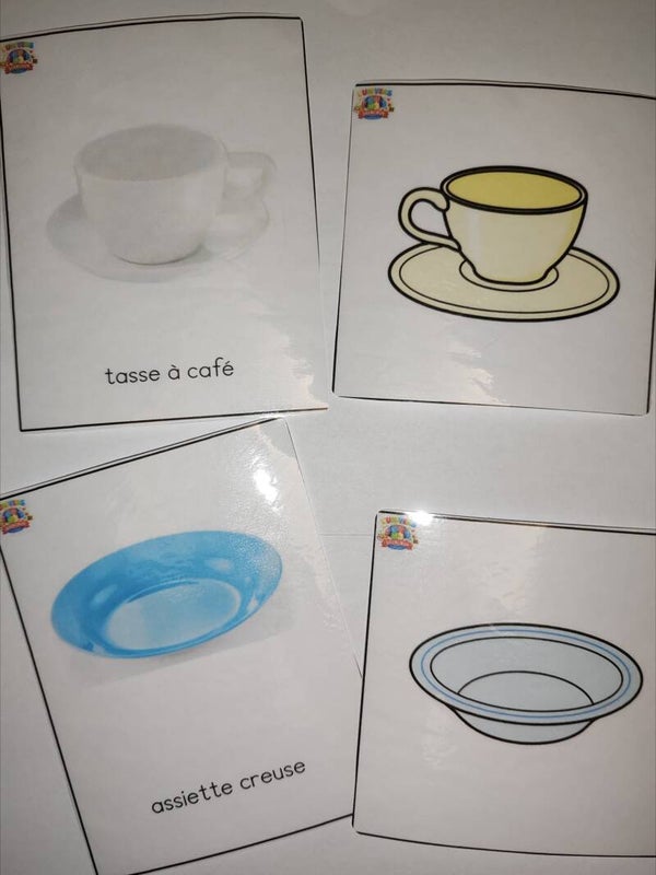 cartes de nomenclature la vaisselle de cuisine et pictogrammes