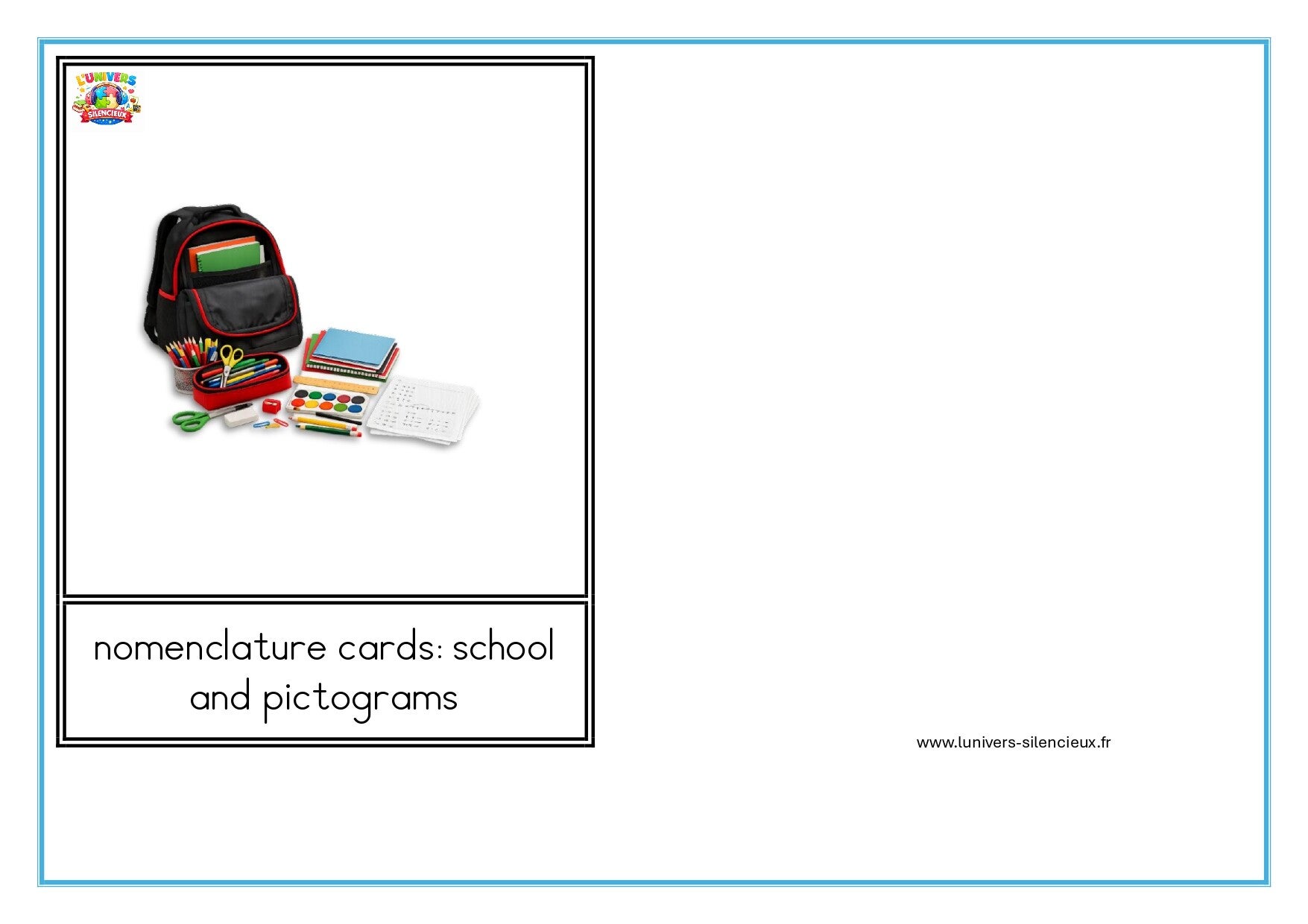 School vocabulary nomenclature cards with clear pictograms