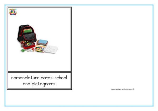 School vocabulary nomenclature cards with clear pictograms