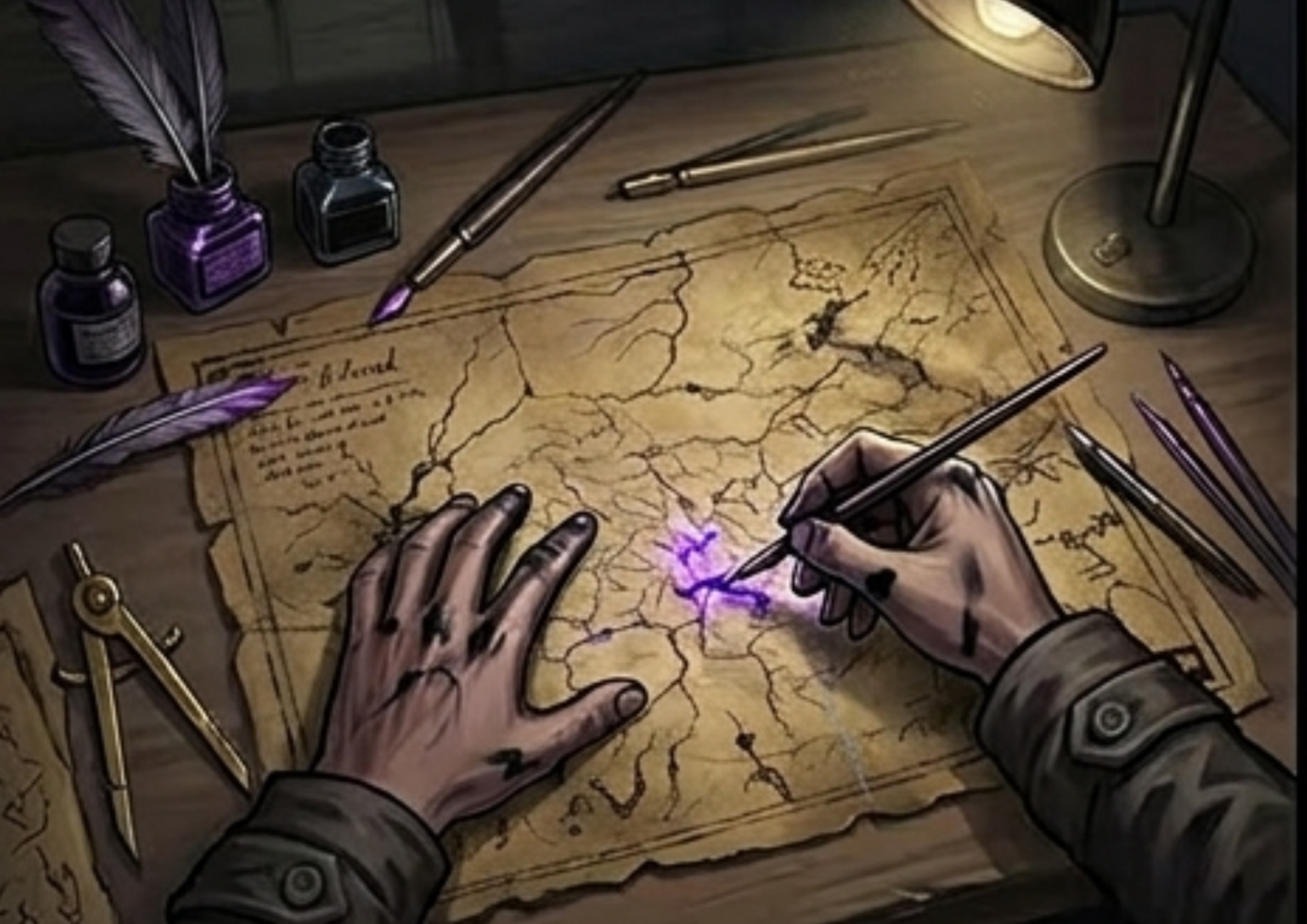 Hands drawing on an old map with glowing purple ink, surrounded by quills, ink bottles, and a compass.