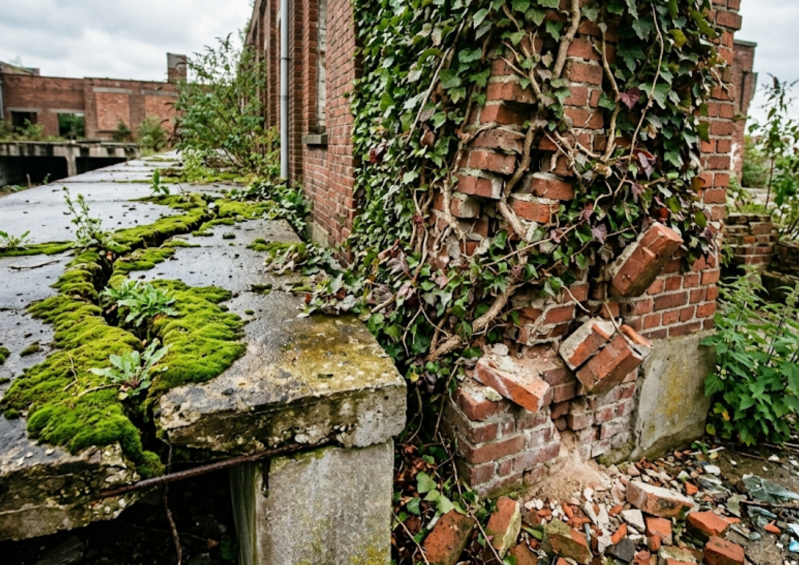 Moss cracking concrete and ivy pulling down brick wall – nature as opportunist in The Cartographer of Forgotten Fronts by Frank De Witte.