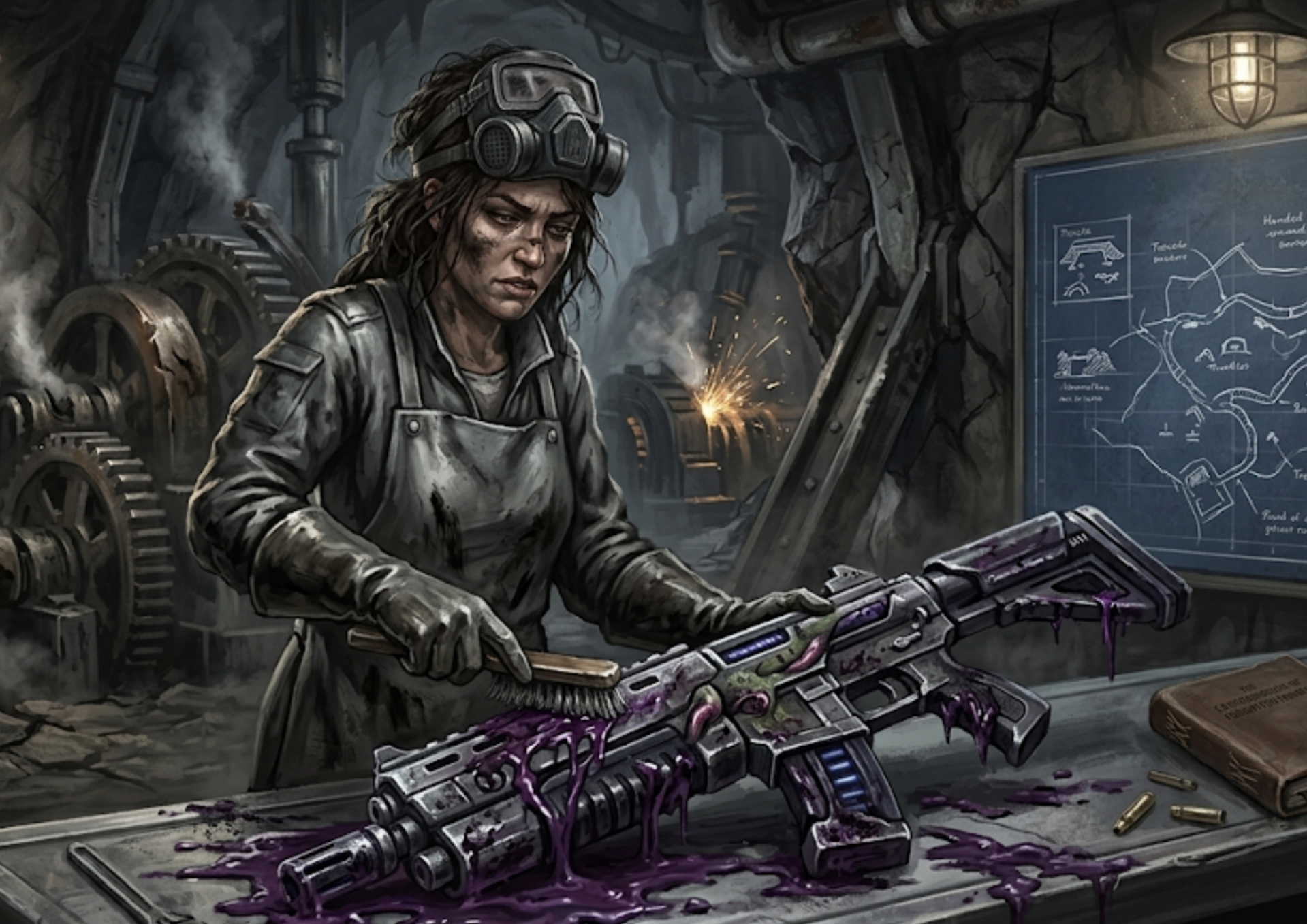 Munitions overseer Kara scrubbing purple sludge from a flawed pulse rifle beneath a rumbling mountain – industrial horror art from The Cartographer of Forgotten Fronts.