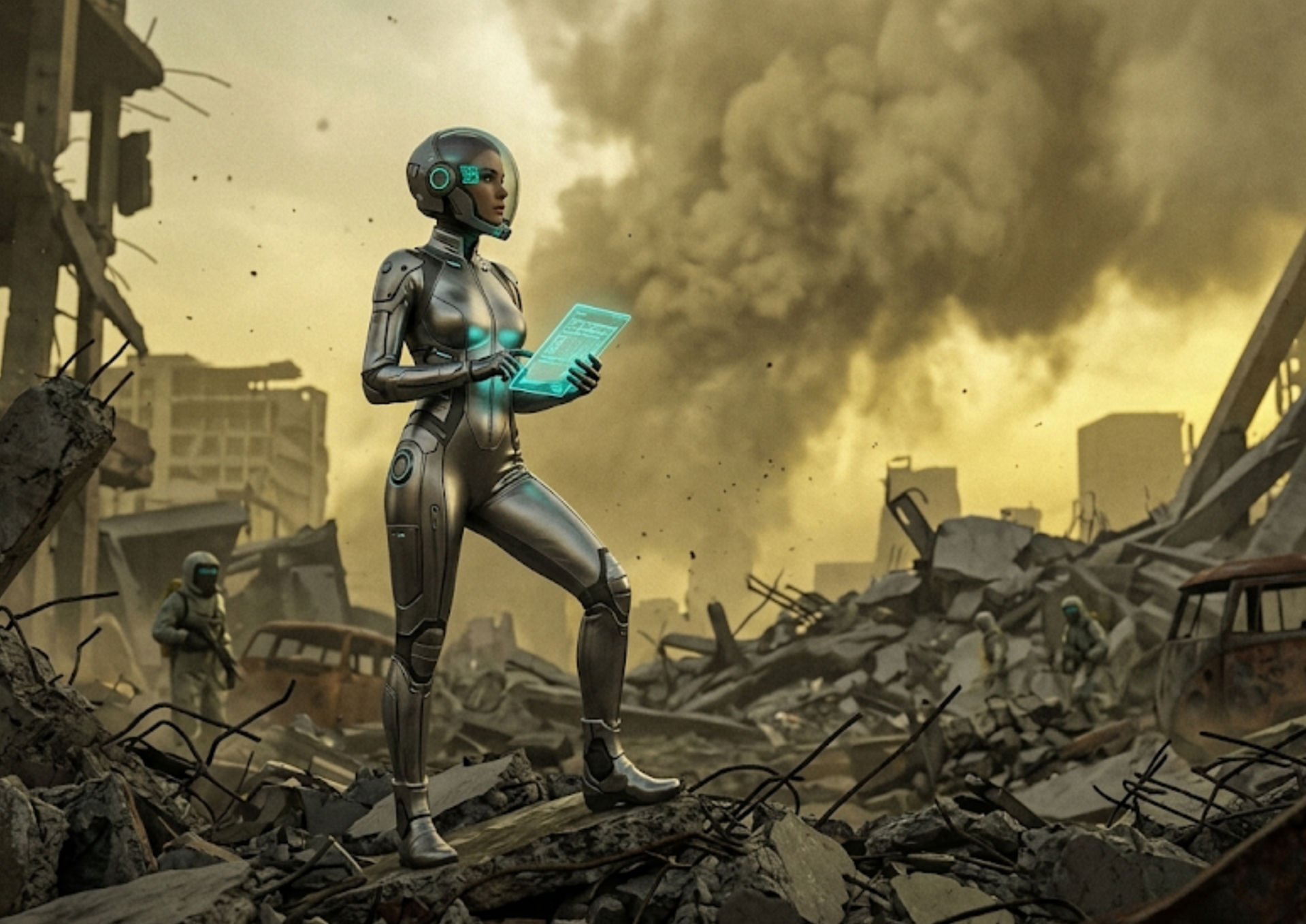 Sub-Director Aphra stands in a rubble-strewn Grey Zone beneath a yellow Smog Shield – reconnaissance art from The Cartographer of Forgotten Fronts.