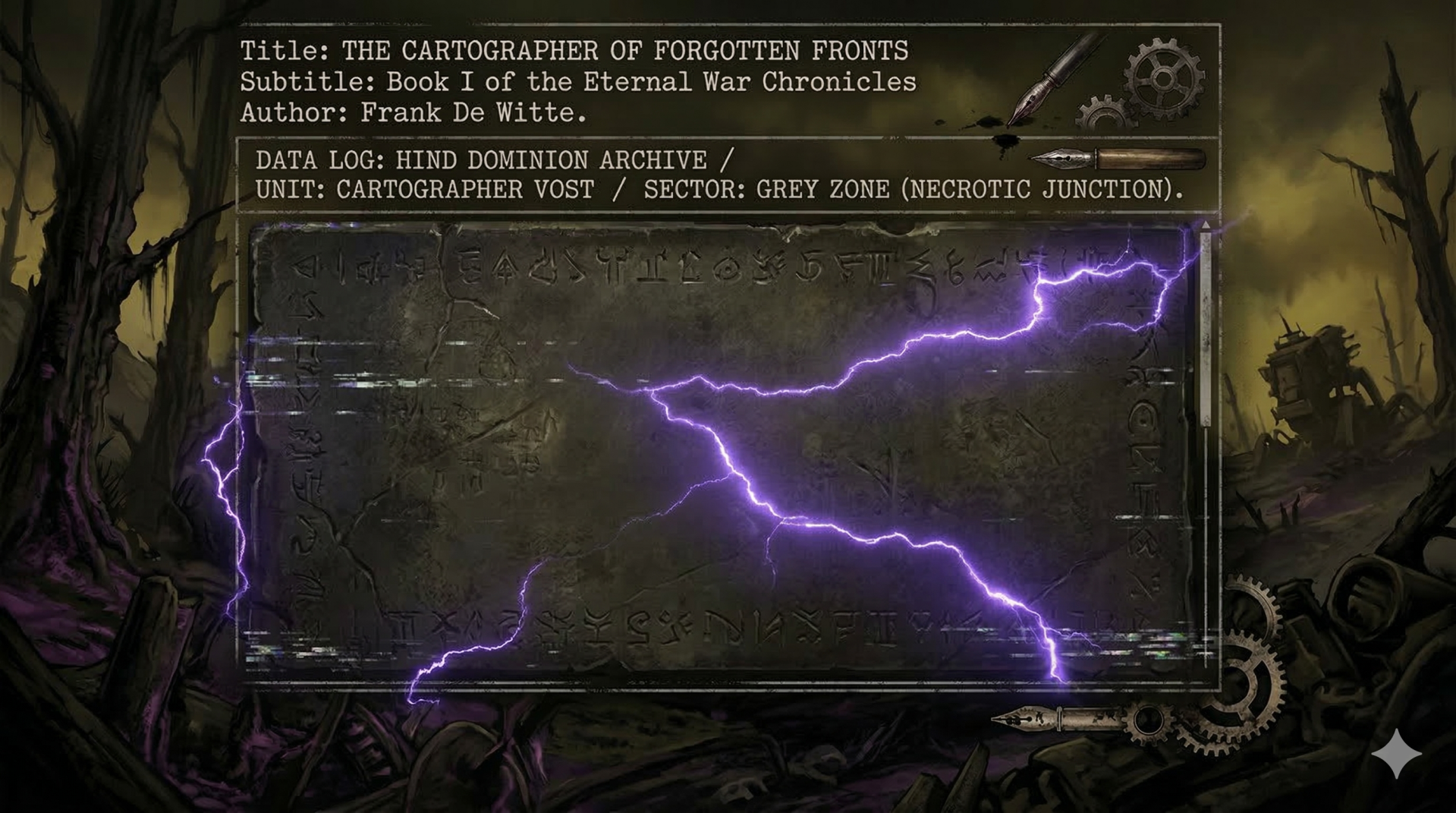 The Cartographer of Forgotten Fronts by Frank De Witte. Stone slab with runes and purple lightning.